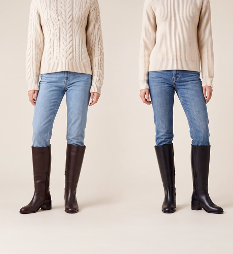 Maple Knee Boot in Black and Maple Knee Boot in Chocolate, side by side, each worn with straight-leg jeans tucked in and a cream knit.