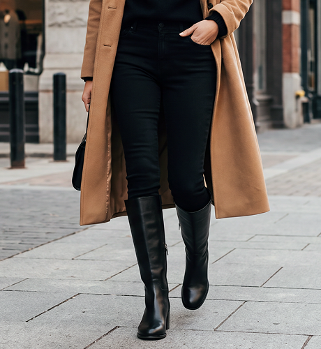 Maple Knee Boot in Black with black jeans tucked in, a black roll-neck and a camel coat