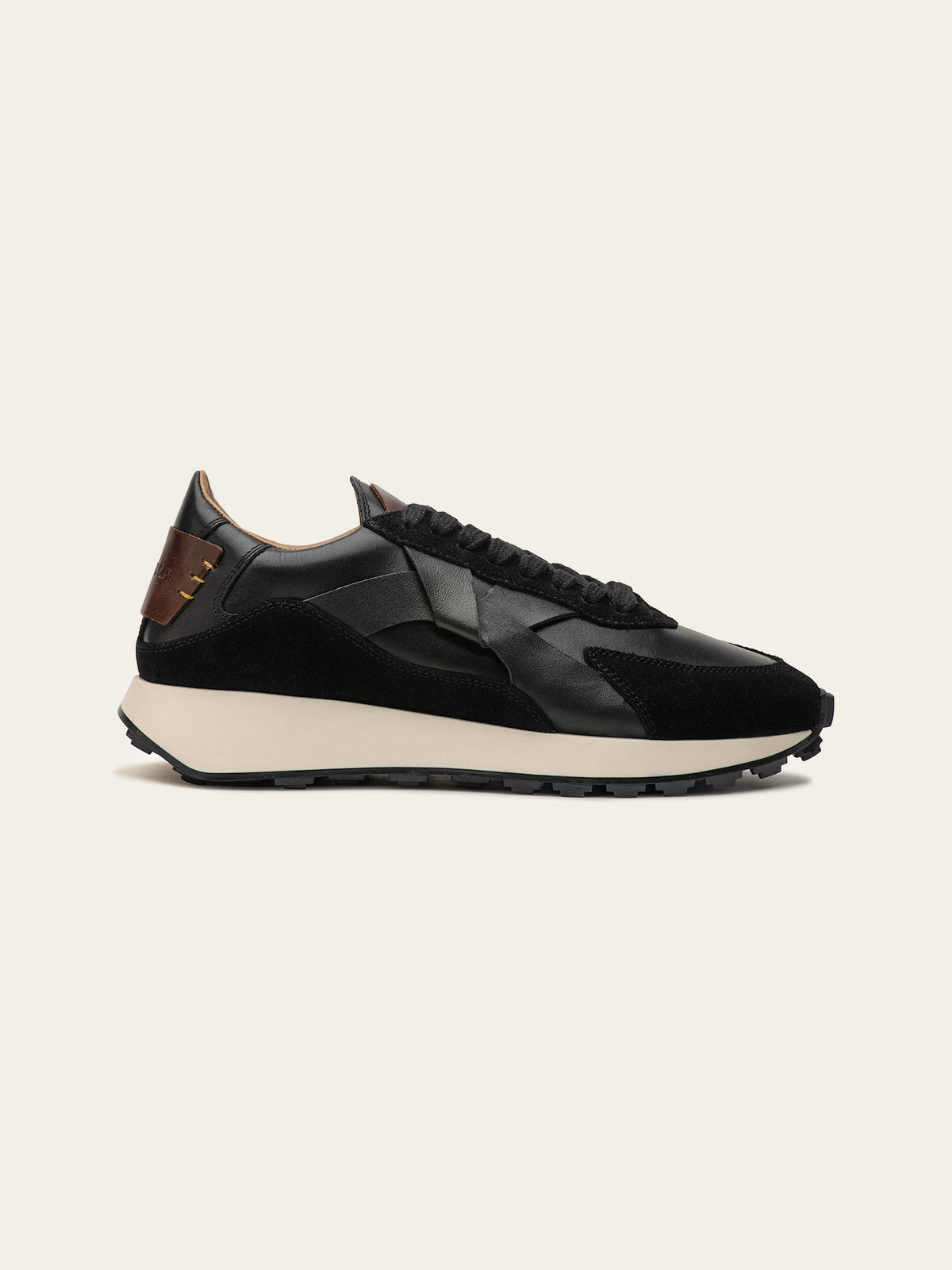 Black Tulip Arbi Sleek Sneaker in Black Leather — women's leather trainers, heel and counter detail