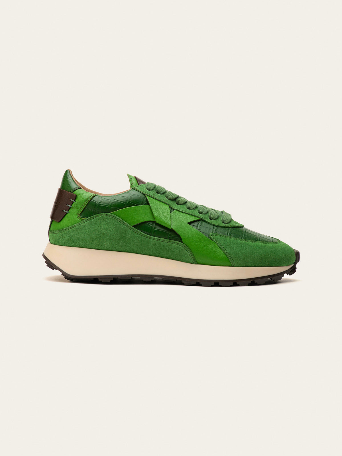 Black Tulip Arbi Sleek Sneaker in Botanical Green — women's leather trainers, heel and counter detail