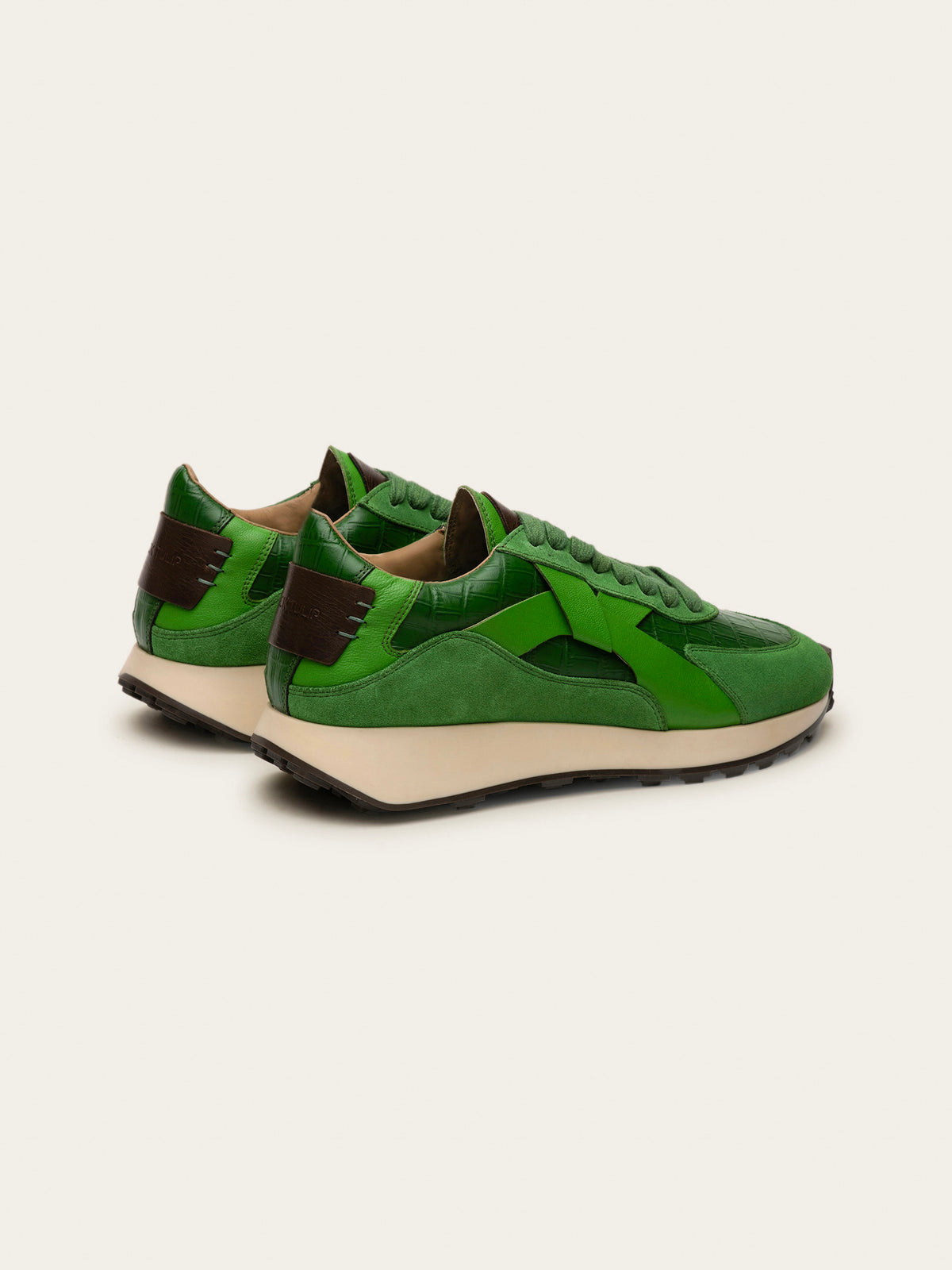 Black Tulip Arbi Sleek Sneaker in Botanical Green — women's leather trainers, toe and lacing detail