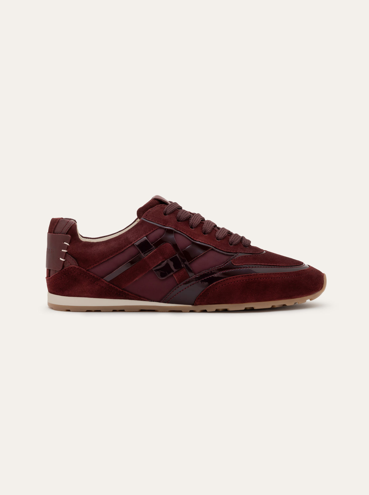 Black Tulip Willow All Day Trainers in Bordeaux — women's leather trainers, heel and counter detail