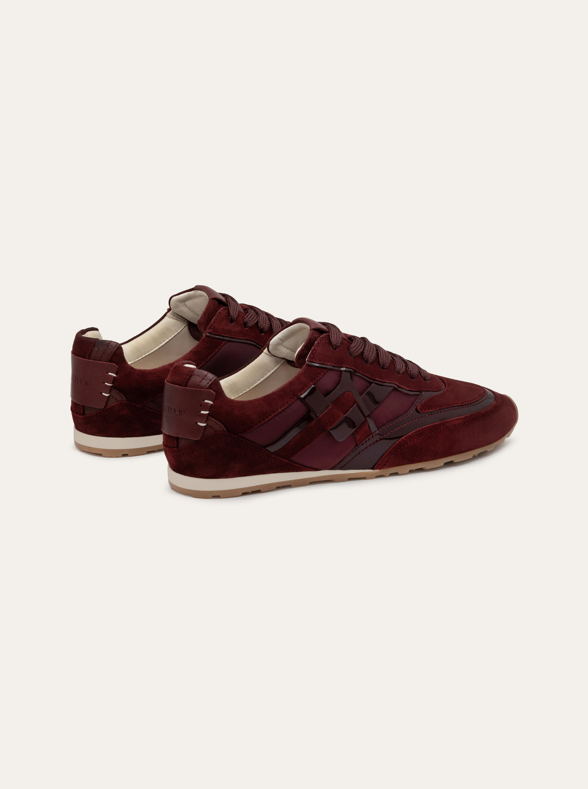 Black Tulip Willow All Day Trainers in Bordeaux — women's leather trainers, toe and lacing detail