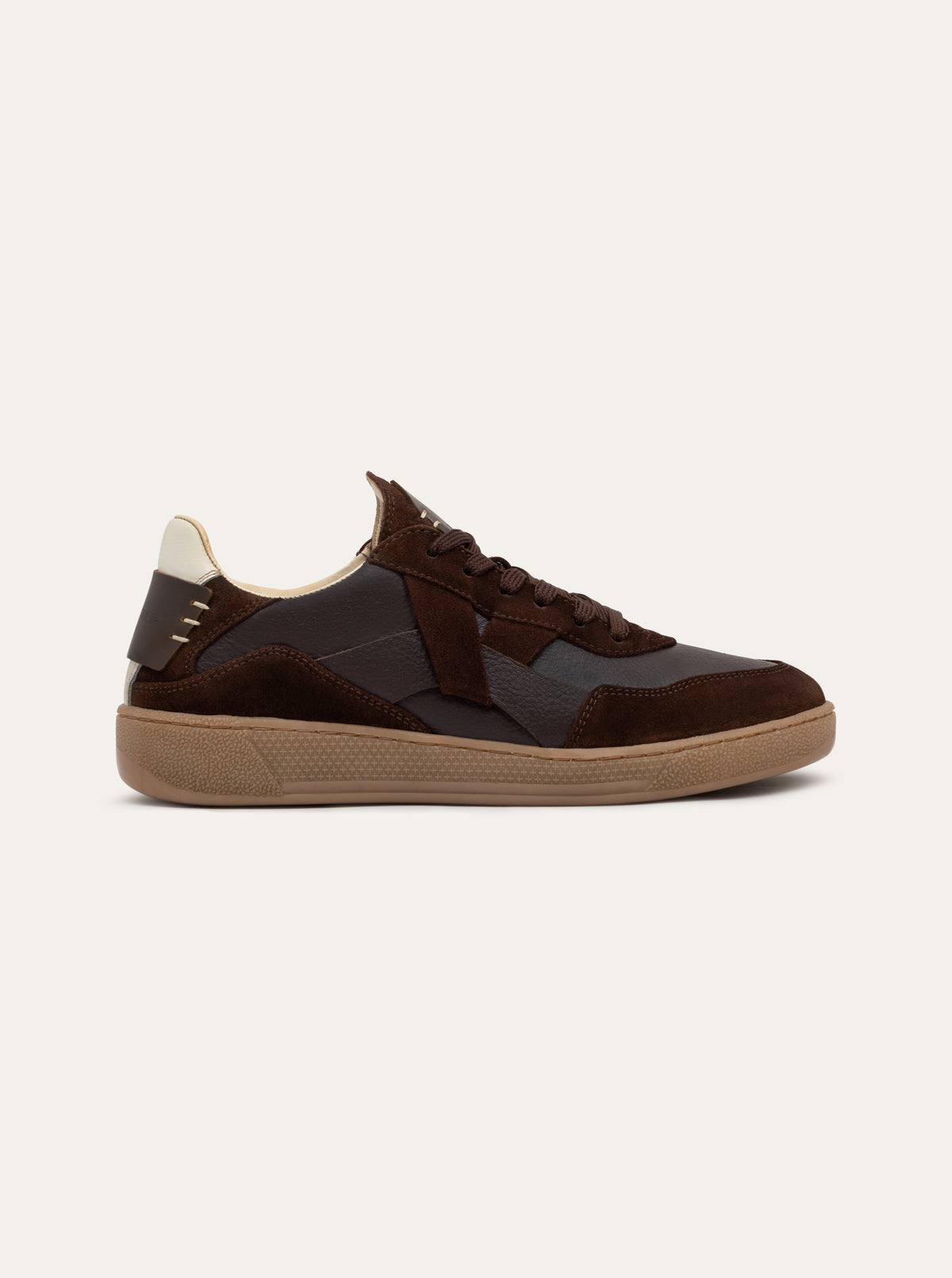 Black Tulip Cassava Classic Tennis Trainer in Chocolate β women's leather tennis trainers, heel and counter detail