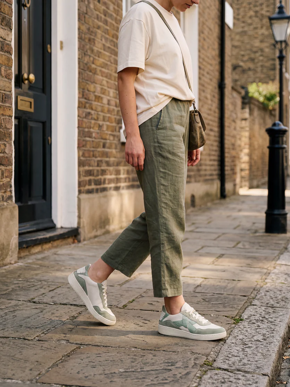 Black Tulip Cassava Classic Tennis Trainer in Sage Green β women's leather tennis trainers, pair, top view