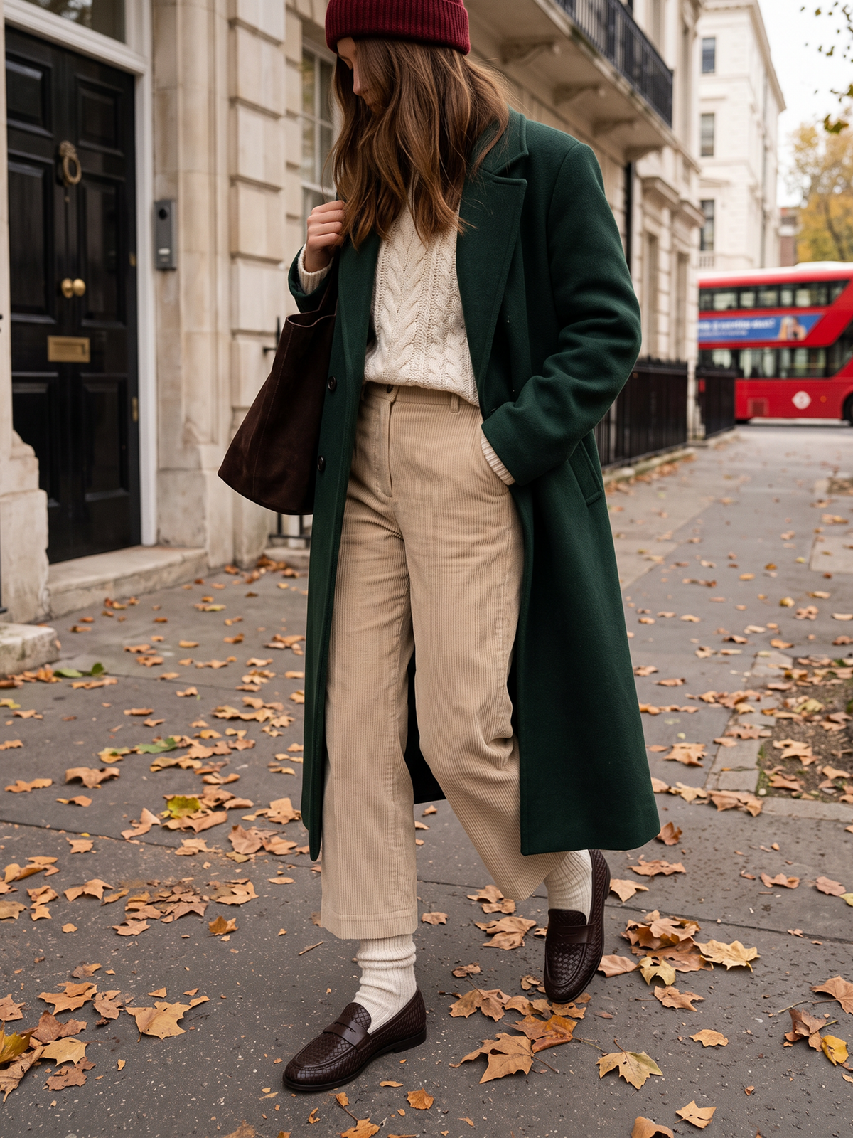 Clover Woven Loafer in Chocolate worn with cream ribbed socks, cropped beige cord trousers and a long green coat.
