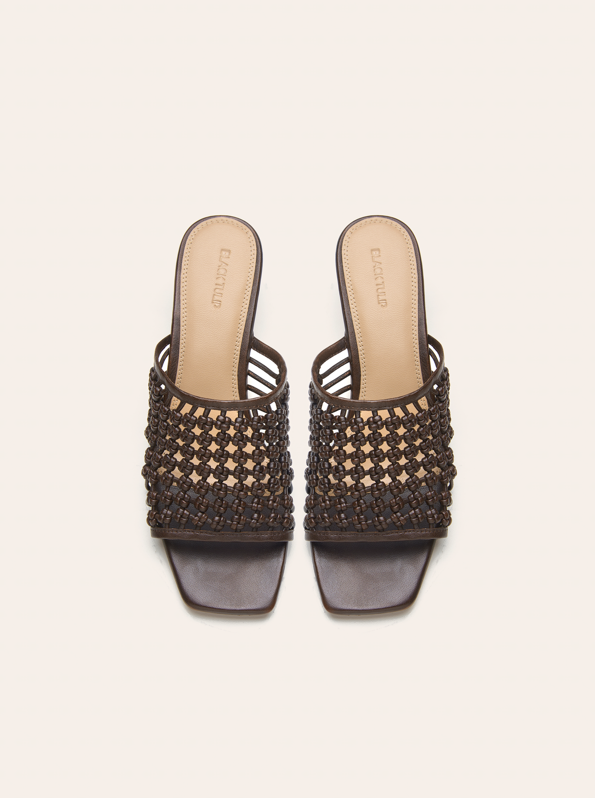 Black Tulip Tessa Sandal in Chocolate — women's hand-knotted leather sandals, three-quarter view