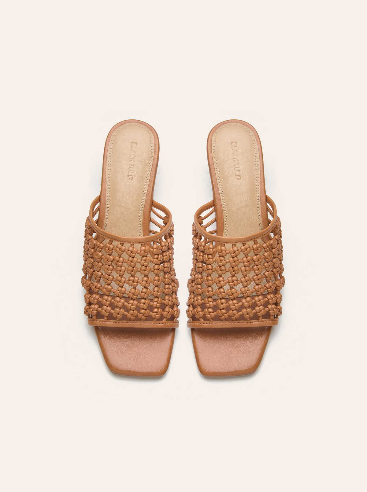 Black Tulip Tessa Sandal in Tan — women's hand-knotted leather sandals, three-quarter view