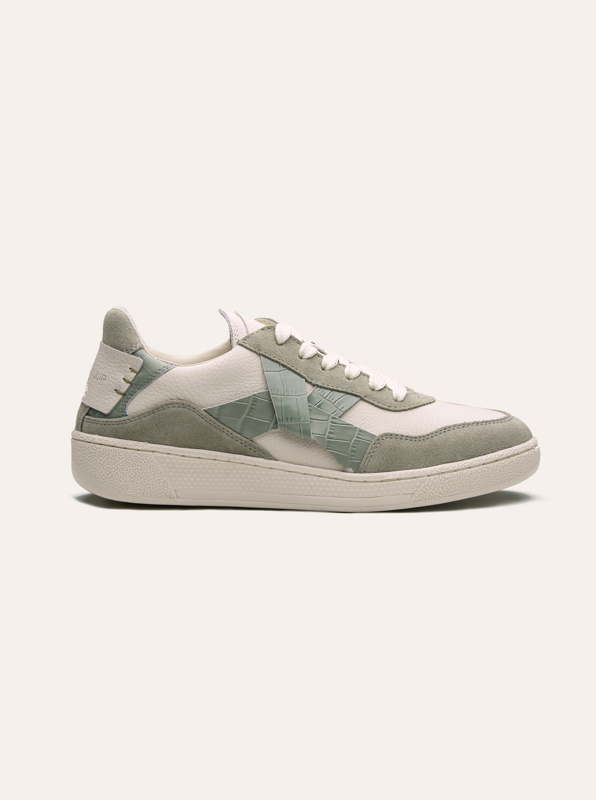 Black Tulip Cassava Classic Tennis Trainer in Sage Green β women's leather tennis trainers, heel and counter detail