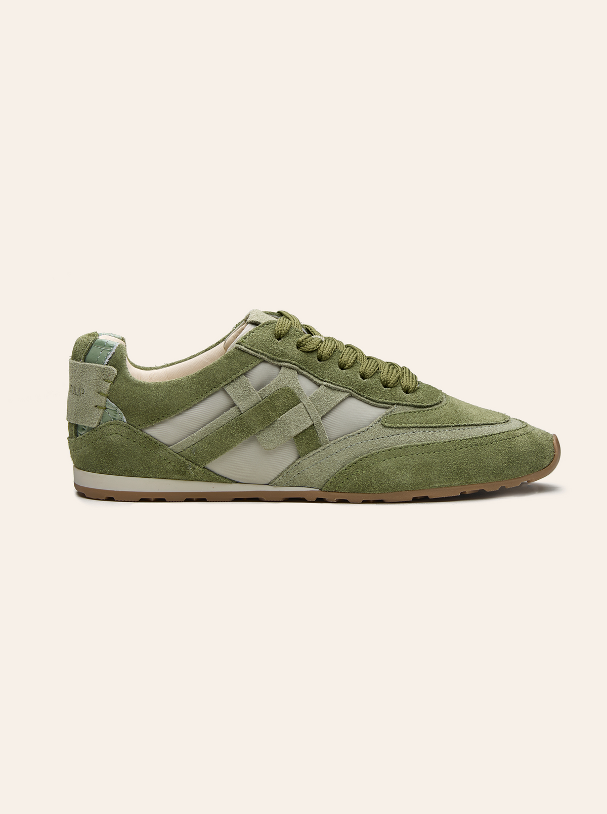 Black Tulip Willow All Day Trainers in Sage Green β women's leather trainers, heel and counter detail