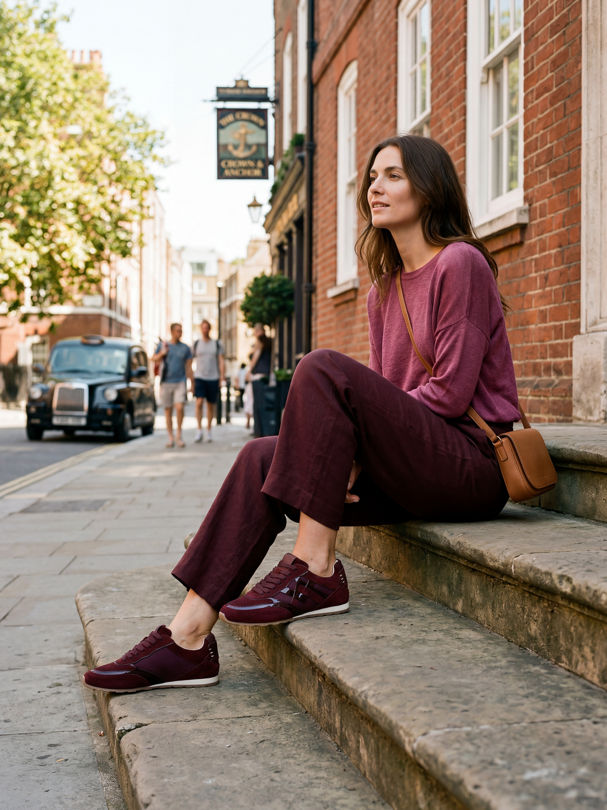 Black Tulip Willow All Day Trainers in Bordeaux — women's leather trainers, pair, top view