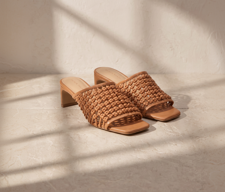 Tessa sandal with hand-knotted leather upper, made by hand in small batches.