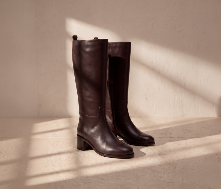 Autumn Edit: knee boot, kitten heel and a hand-woven leather loafer, in Black and Chocolate.