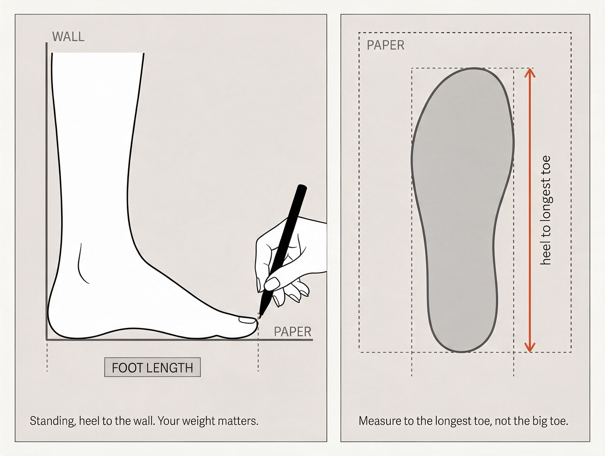 Side view: heel against a wall, standing on paper, with the measurement running from the wall to the tip of the longest toe. Plan view of a foot on paper, with the measurement running from the heel edge to the tip of the longest toe.